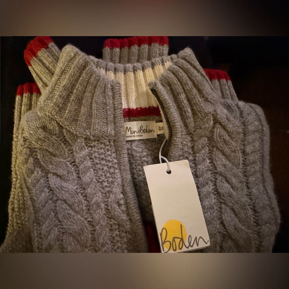 MINI BODEN - Sweater Kids Boys Luxurious Gray Zip Up Cable Knit Warm soft - NWT